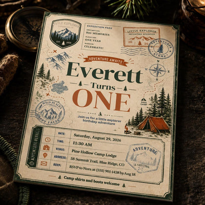 Vintage Adventure First Birthday Invitation — digital invitation, instant download