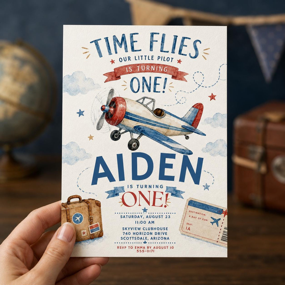 Vintage Airplane 1st Birthday Invitation — print-ready first birthday design from VoltBy