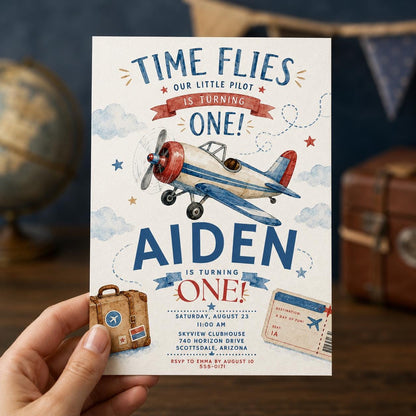 Vintage Airplane 1st Birthday Invitation — print-ready first birthday design from VoltBy