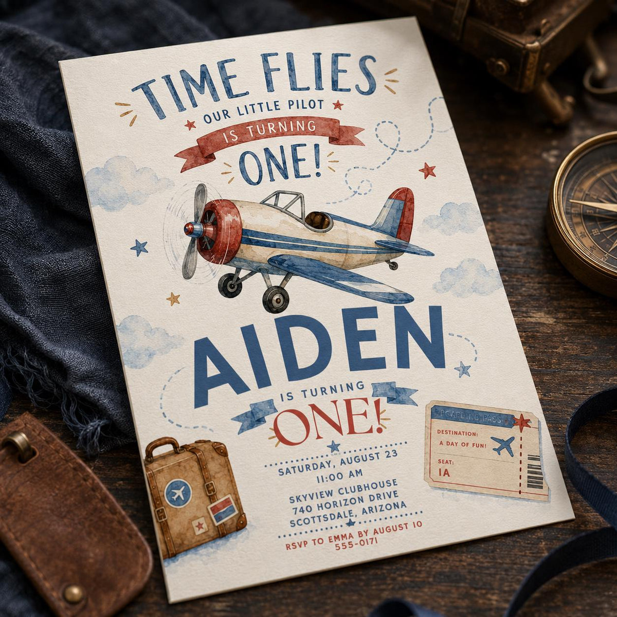 Vintage Airplane 1st Birthday Invitation — first birthday stationery by VoltBy