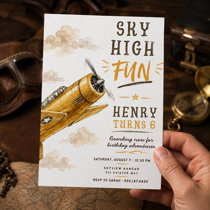 Vintage Airplane 6th Birthday Invitation for Boys — invitation you personalize in Canva