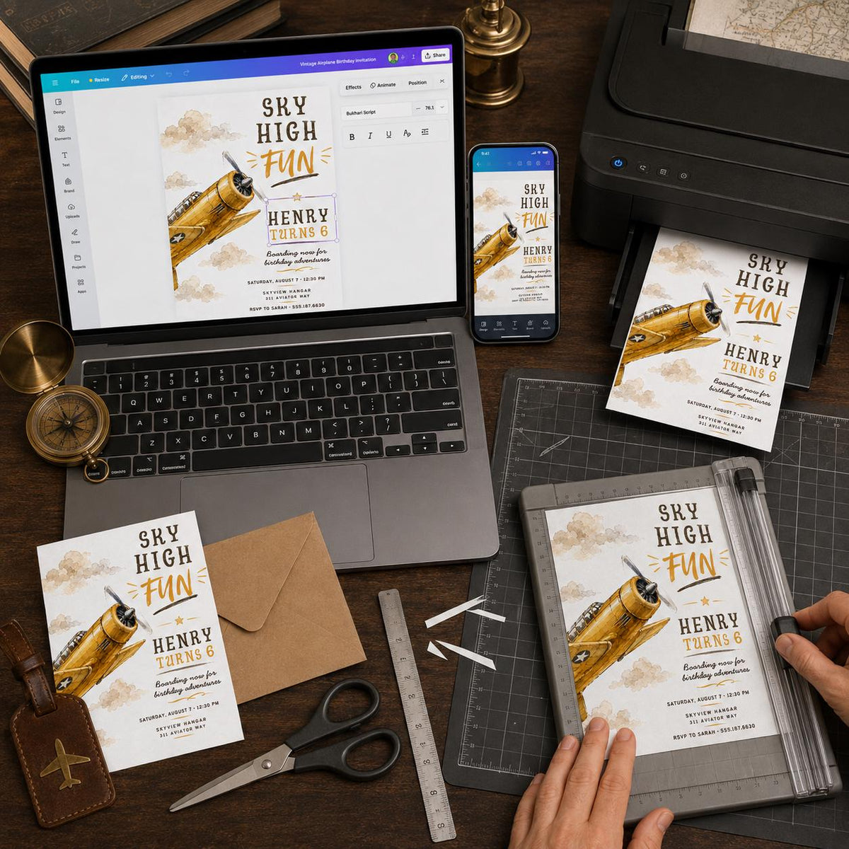 Vintage Airplane 6th Birthday Invitation for Boys — digital invitation, instant download