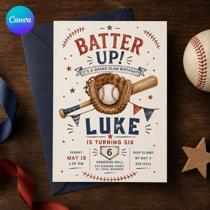 Vintage Baseball 6th Birthday Invitation — editable Canva template