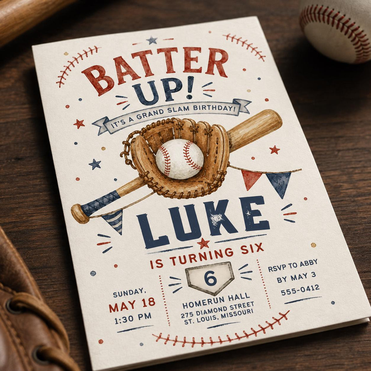 Vintage Baseball 6th Birthday Invitation — 6th birthday party stationery by VoltBy
