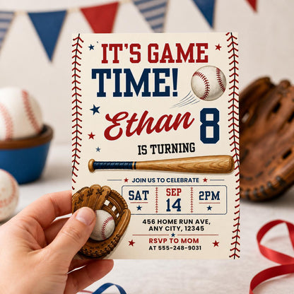 Vintage Baseball 8th Birthday Invitation with Stitched Border — 8th birthday party stationery by VoltBy