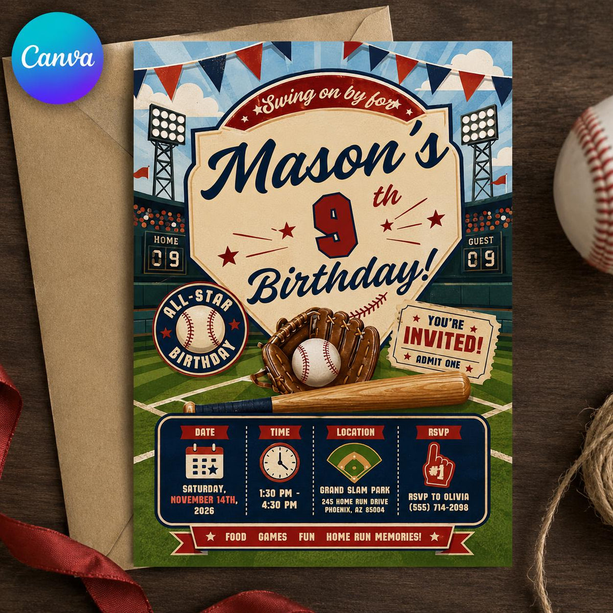 Vintage Baseball 9th Birthday Invitation for Boys — editable Canva template