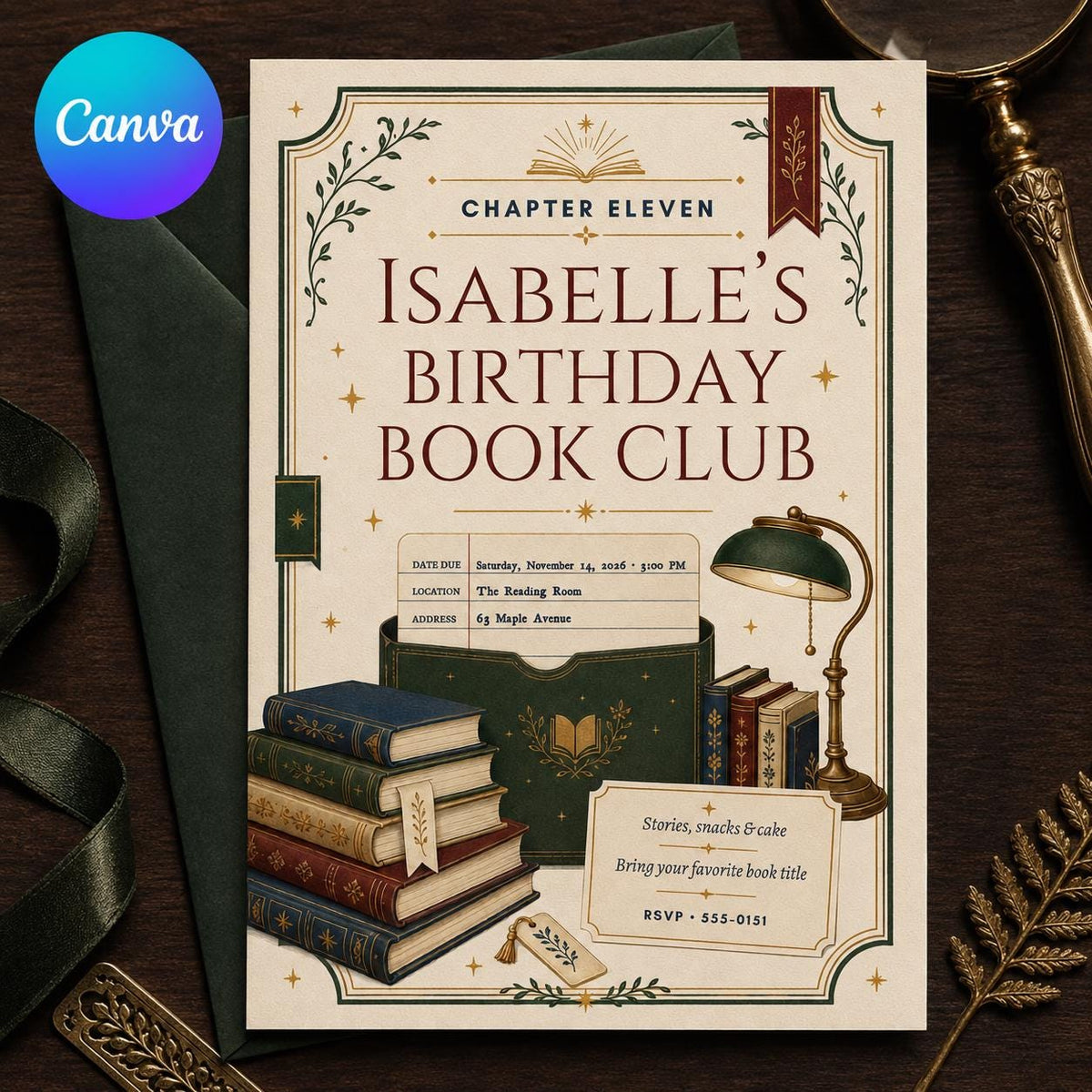 Vintage Book Club Birthday Invitation — editable Canva template