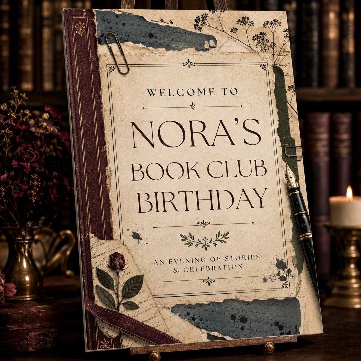 Vintage Book Club Birthday Welcome Sign — welcome sign you personalize in Canva
