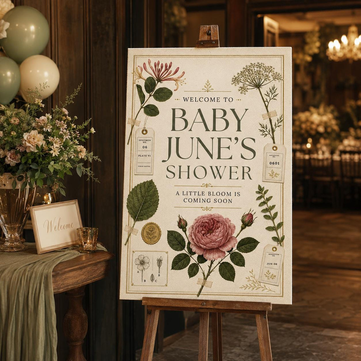 Vintage Botanical Baby Shower Welcome Sign — welcome sign you personalize in Canva
