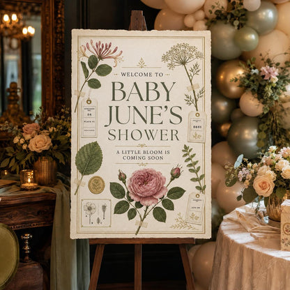 Vintage Botanical Baby Shower Welcome Sign — print-ready baby shower design from VoltBy