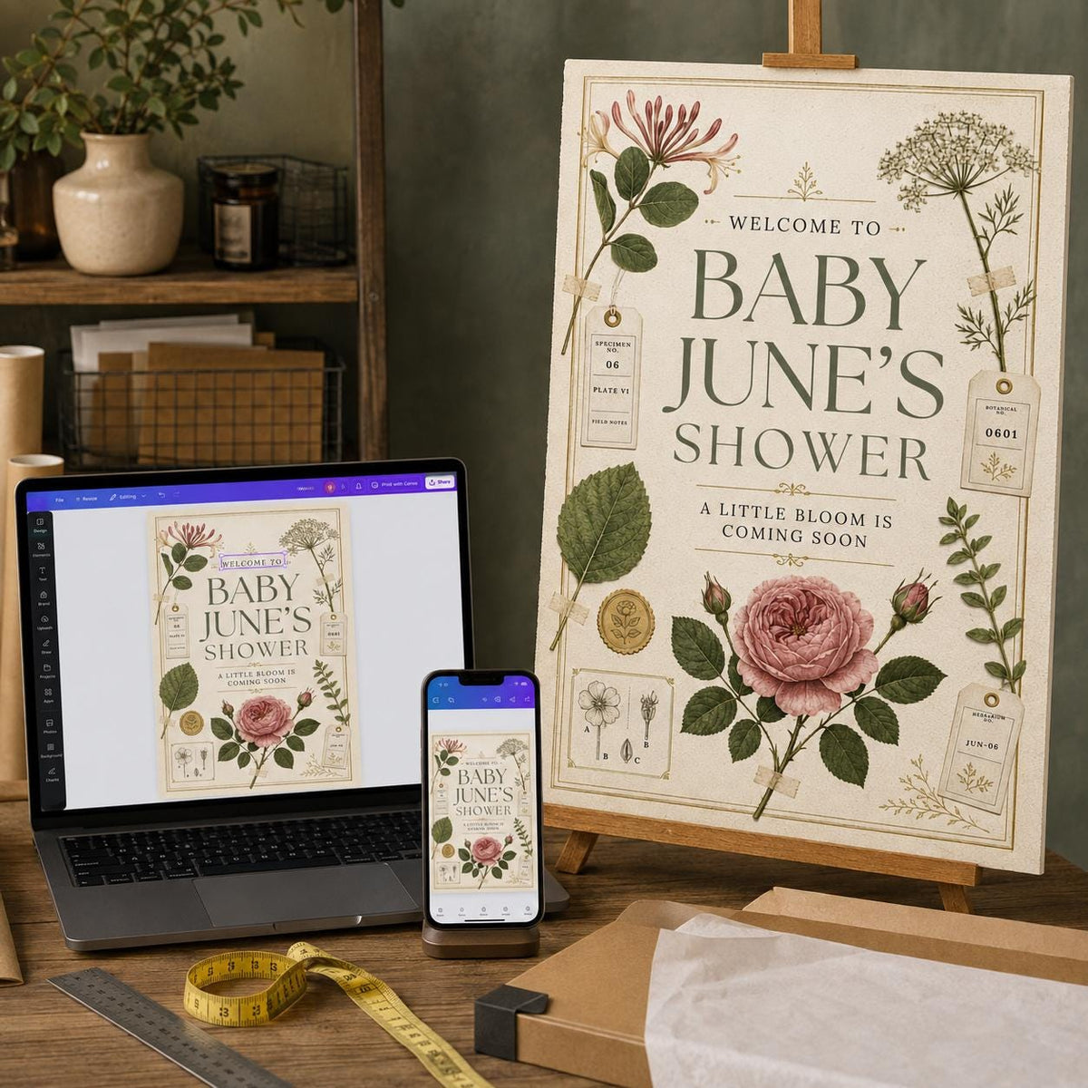 Vintage Botanical Baby Shower Welcome Sign — digital welcome sign, instant download