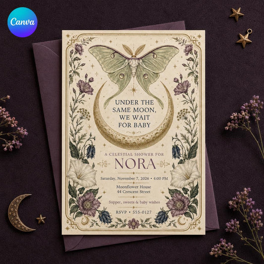 Vintage Botanical Celestial Baby Shower Invitation — editable Canva template