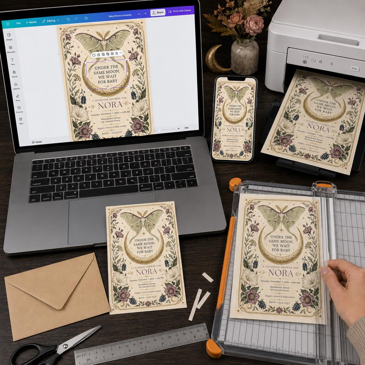 Vintage Botanical Celestial Baby Shower Invitation — digital invitation, instant download