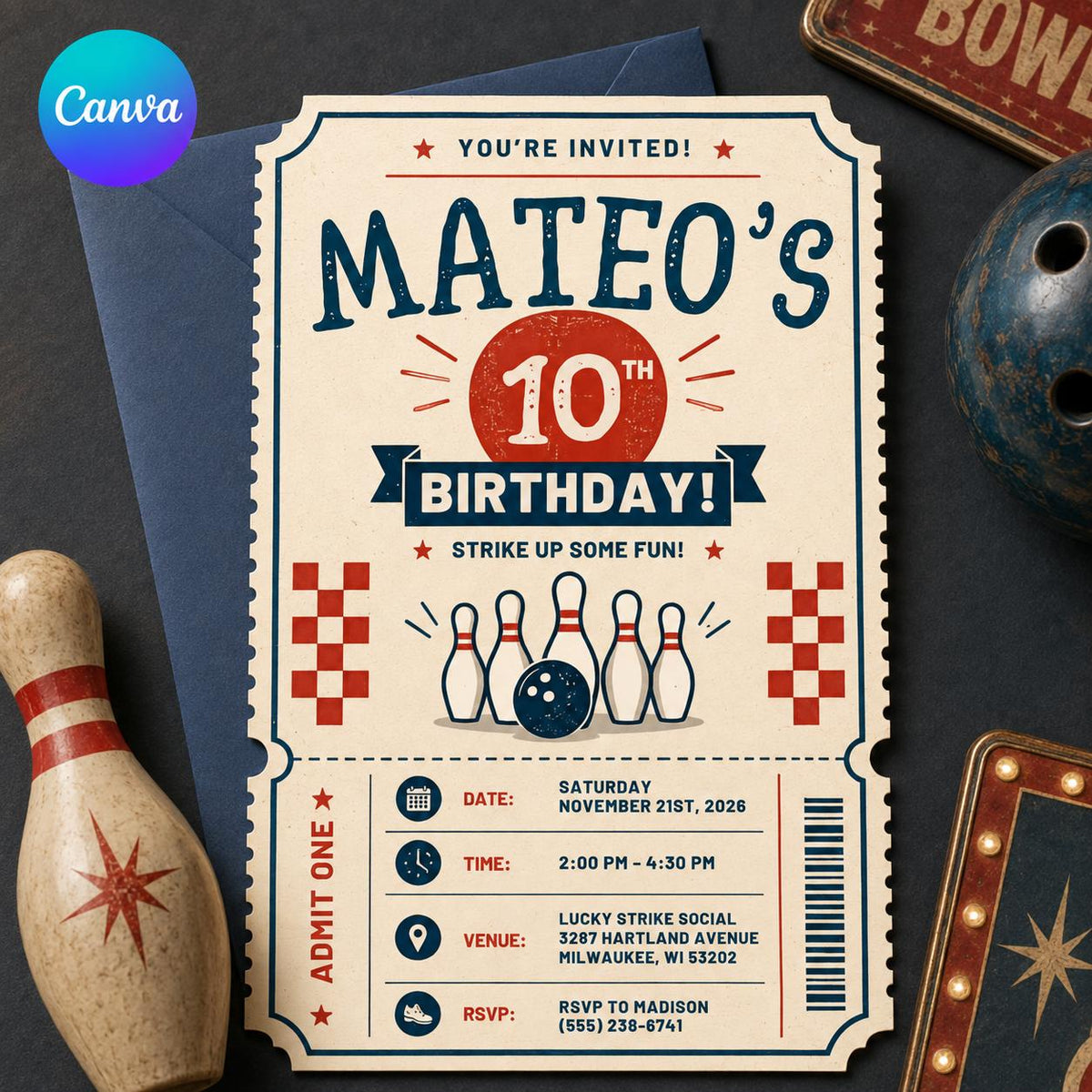 Vintage Bowling 10th Birthday Invitation — editable Canva template