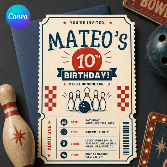 Vintage Bowling 10th Birthday Invitation — editable Canva template