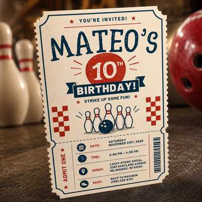 Vintage Bowling 10th Birthday Invitation — print-ready 10th birthday party design from VoltBy