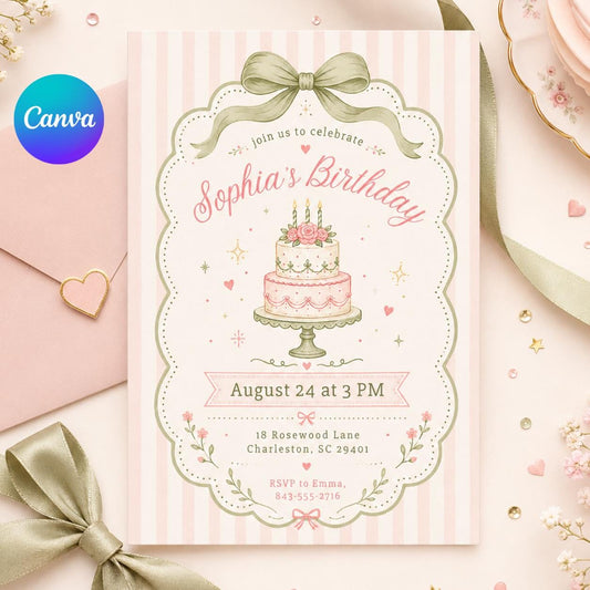 Vintage Cake Birthday Invitation with Sage Bow and Pink Stripes — editable Canva template