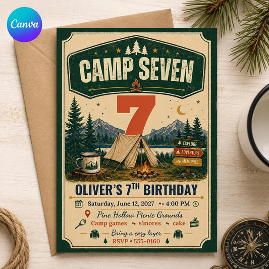 Vintage Camping 7th Birthday Invitation — editable Canva template