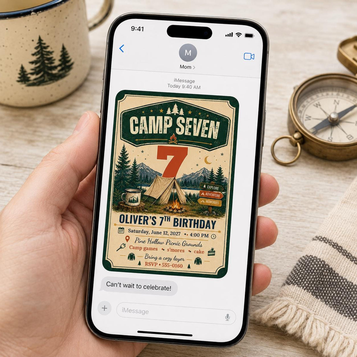 Vintage Camping 7th Birthday Invitation — invitation you personalize in Canva