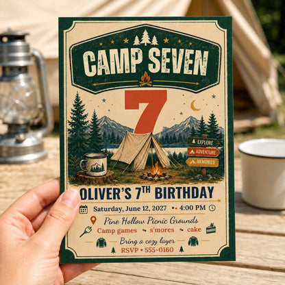 Vintage Camping 7th Birthday Invitation — print-ready 7th birthday party design from VoltBy