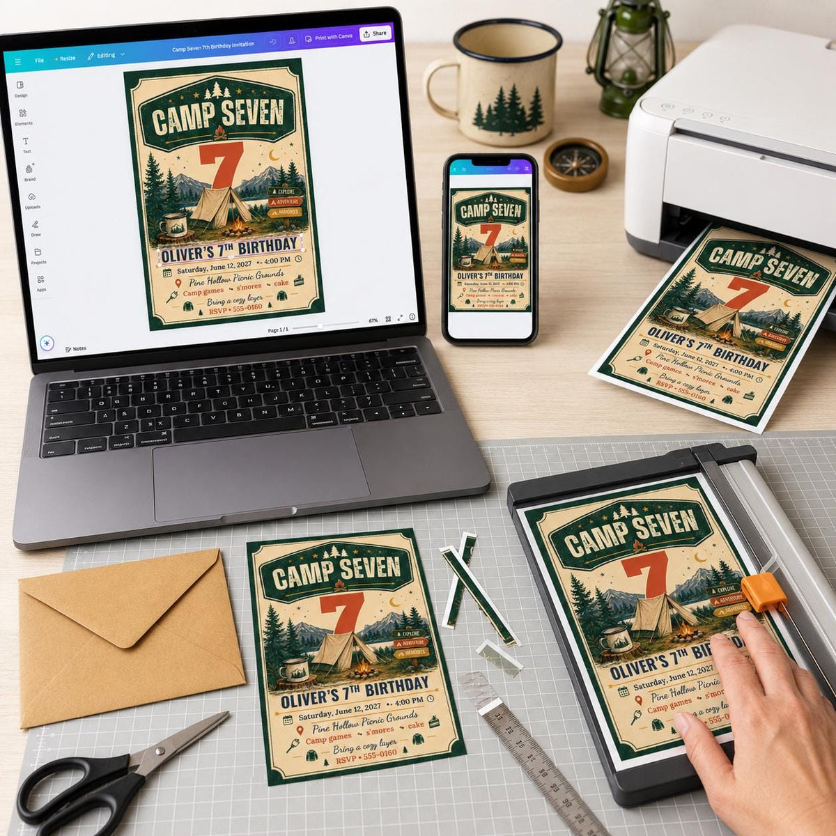 Vintage Camping 7th Birthday Invitation — digital invitation, instant download