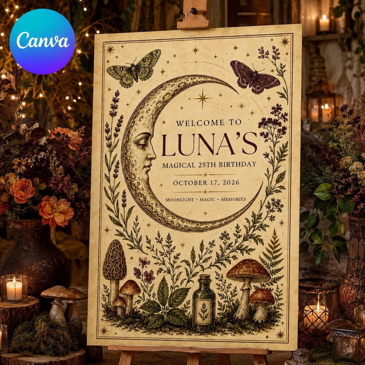 Vintage Celestial 25th Birthday Welcome Sign — editable Canva template