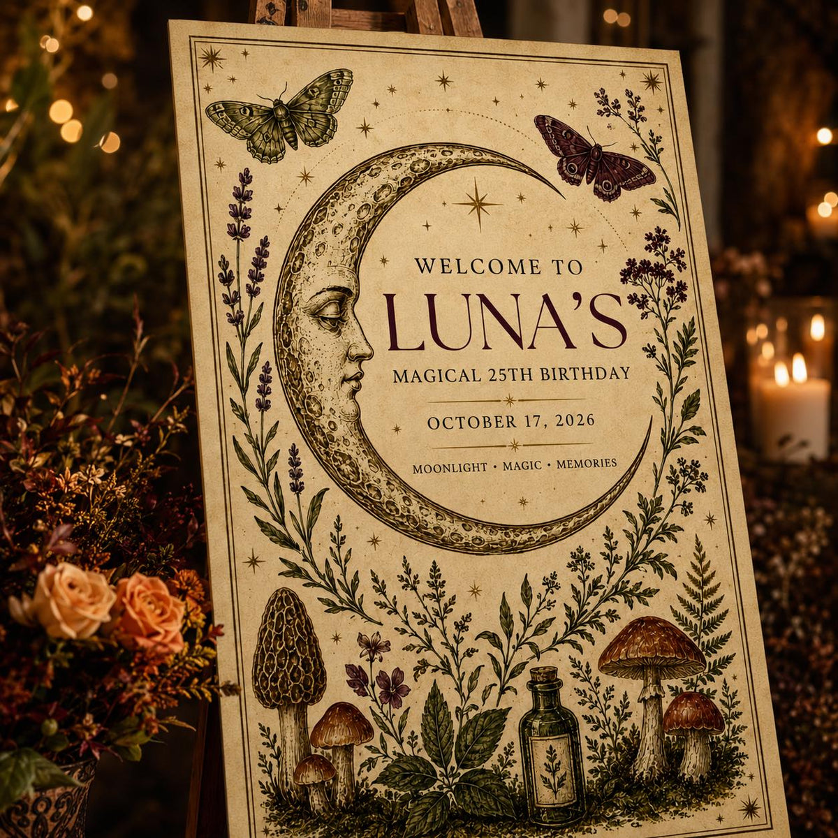 Vintage Celestial 25th Birthday Welcome Sign — magic design