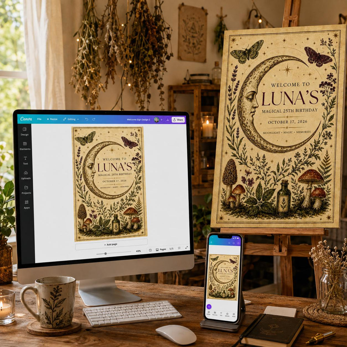 Vintage Celestial 25th Birthday Welcome Sign — botanical 25th birthday party design