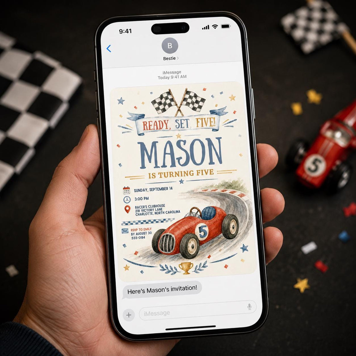 Vintage Checkered Race Car 5th Birthday Invitation — invitation you personalize in Canva