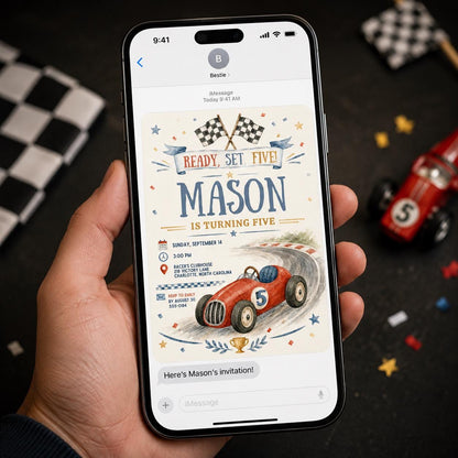 Vintage Checkered Race Car 5th Birthday Invitation — invitation you personalize in Canva