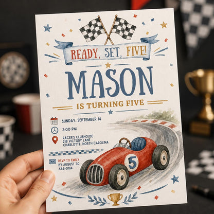 Vintage Checkered Race Car 5th Birthday Invitation — print-ready 5th birthday party design from VoltBy