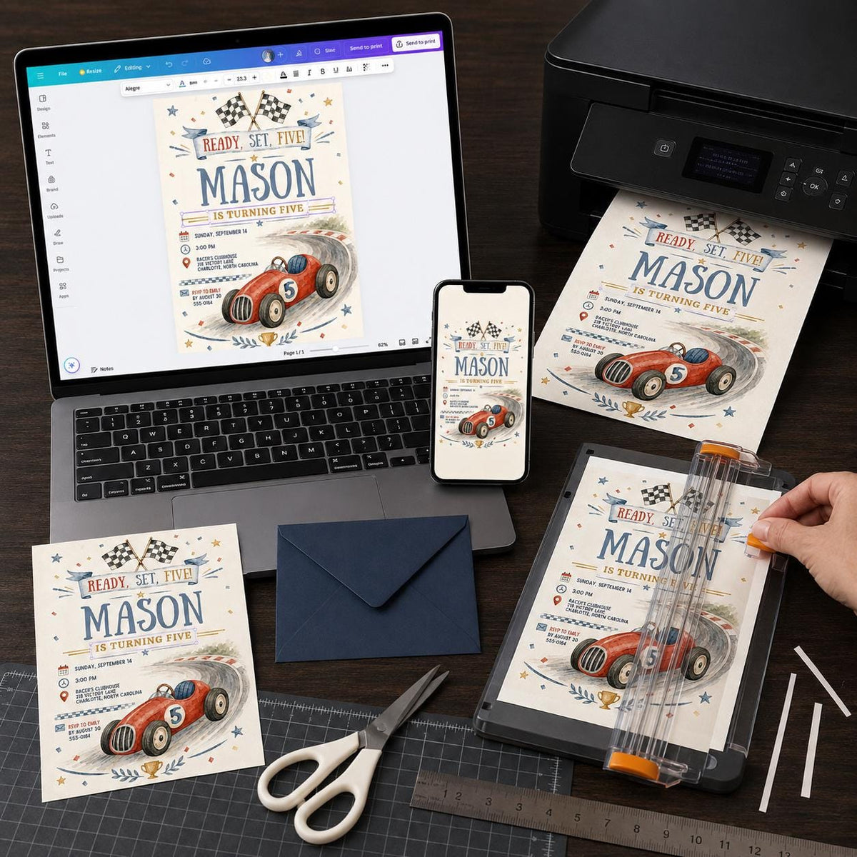 Vintage Checkered Race Car 5th Birthday Invitation — digital invitation, instant download