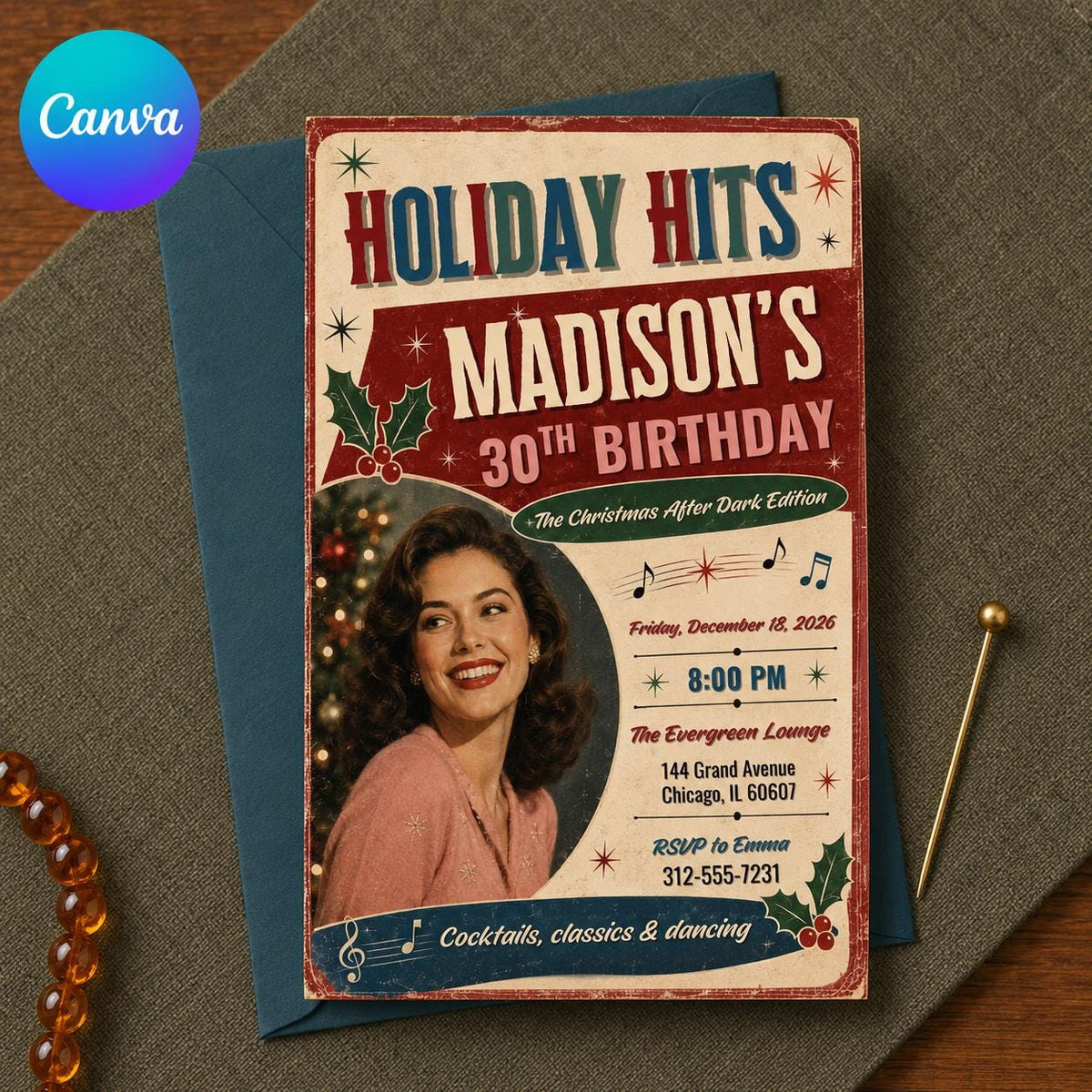 Vintage Christmas 30th Birthday Invitation — editable Canva template