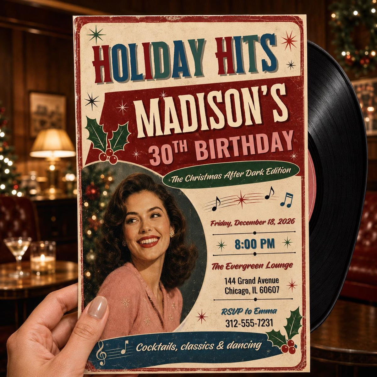 Vintage Christmas 30th Birthday Invitation — print-ready 30th birthday party design from VoltBy