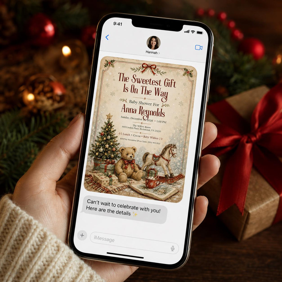 Vintage Christmas Baby Shower Invitation — horse and teddy bear design