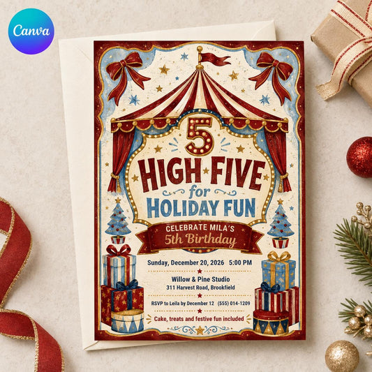 Vintage Carnival 5th Birthday Invitation — editable Canva template