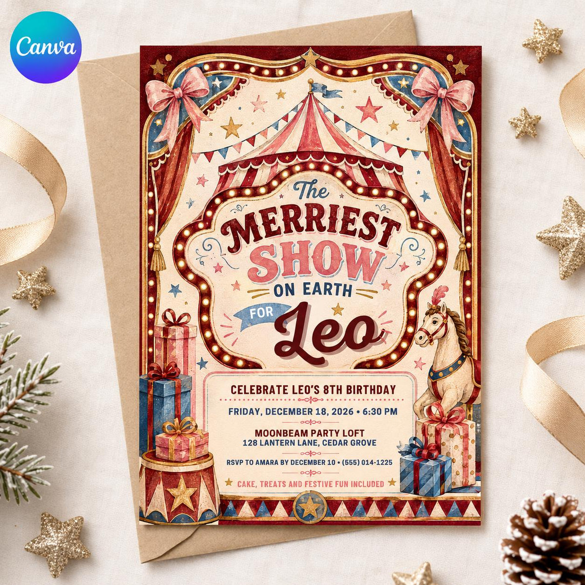 Vintage Circus Birthday Invitation — editable Canva template