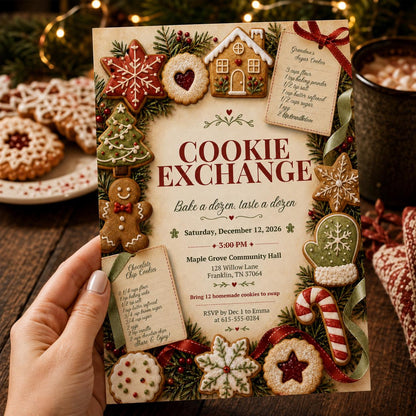 Vintage Christmas Cookie Exchange Invitation — invitation you personalize in Canva