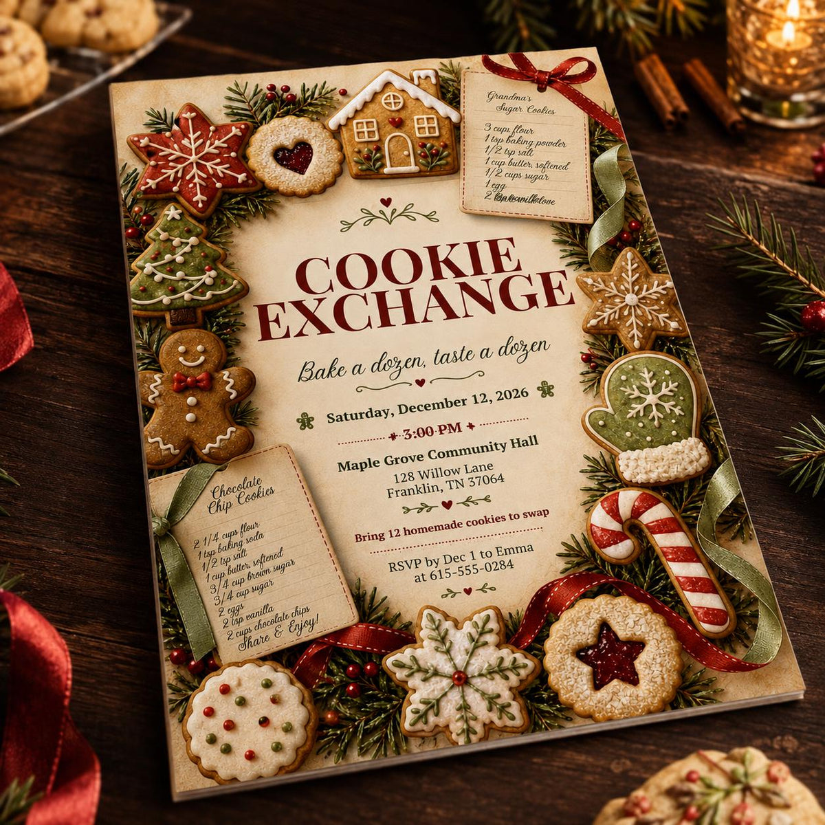 Vintage Christmas Cookie Exchange Invitation — digital invitation, instant download