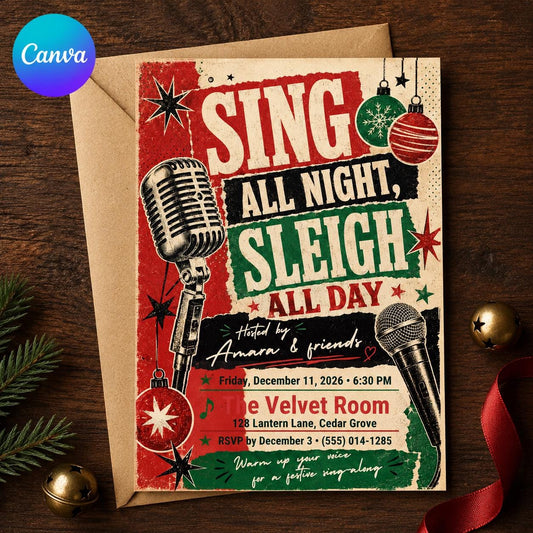 Vintage Christmas Karaoke Party Invitation — editable Canva template