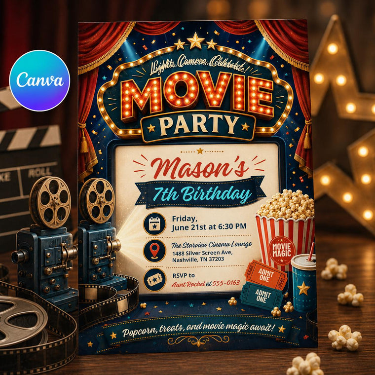 Vintage Cinema 7th Birthday Invitation in Teal and Gold