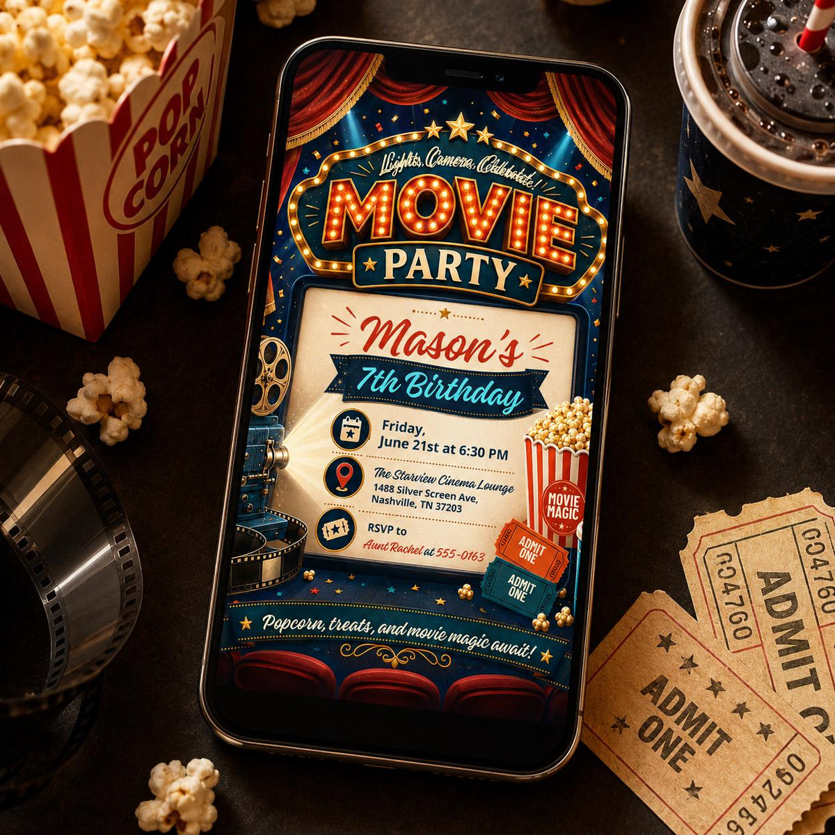 Vintage Cinema 7th Birthday Invitation in Teal and Gold in red