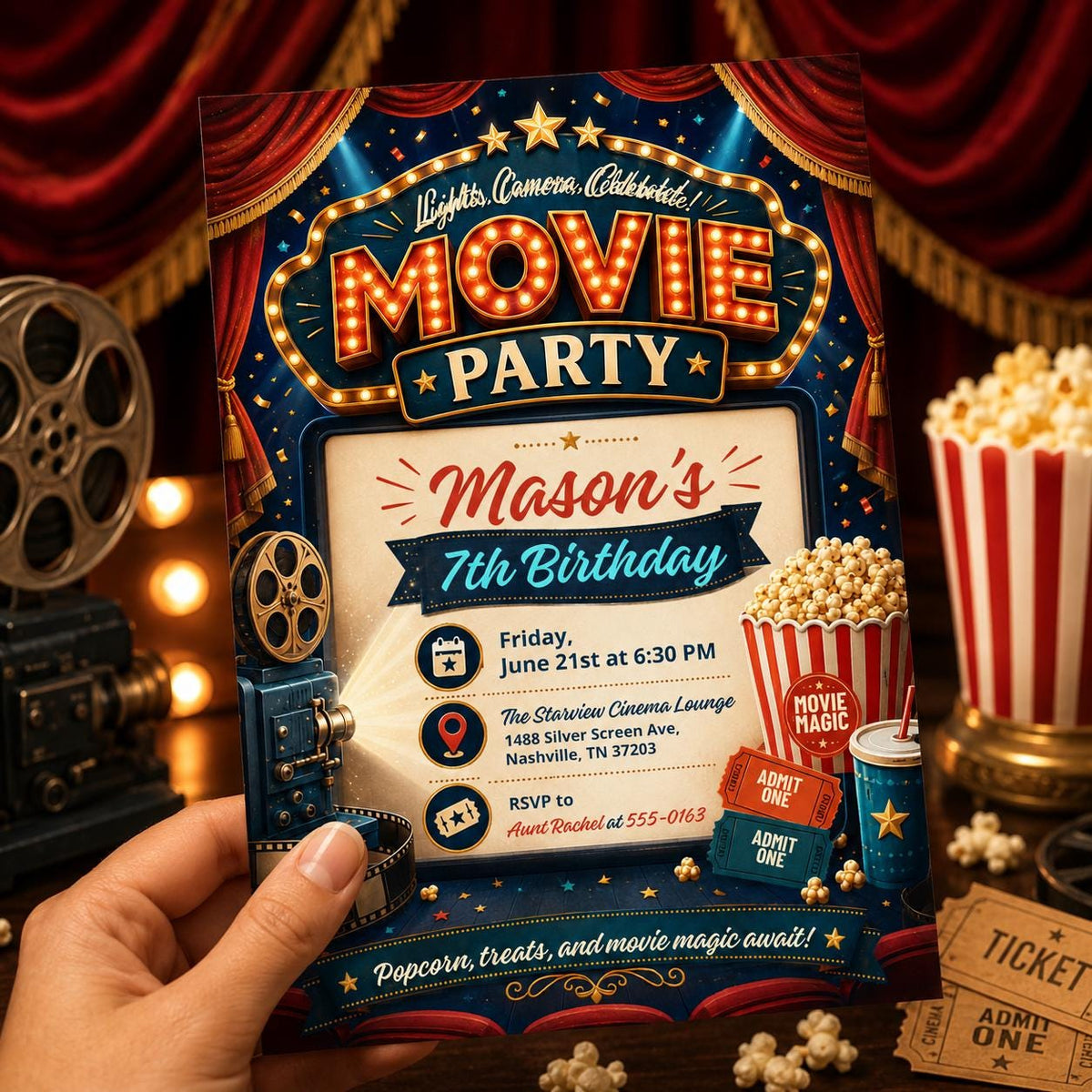 Vintage Cinema 7th Birthday Invitation in Teal and Gold — invitation you personalize in Canva
