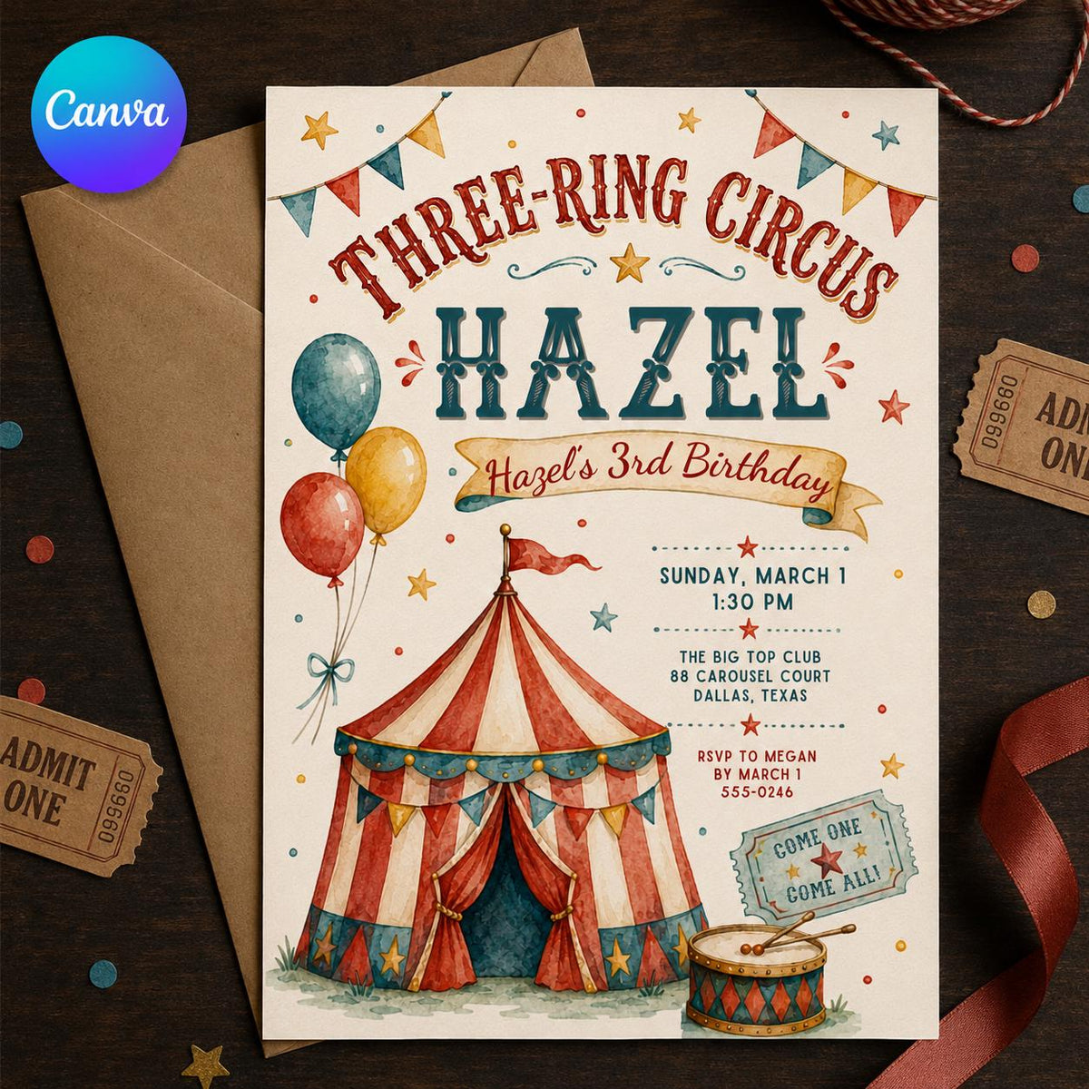 Vintage Circus 3rd Birthday Invitation — editable Canva template