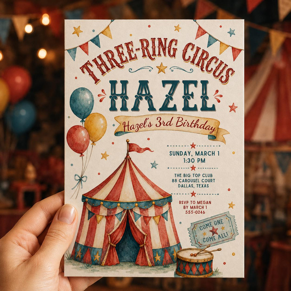 Vintage Circus 3rd Birthday Invitation — invitation you personalize in Canva