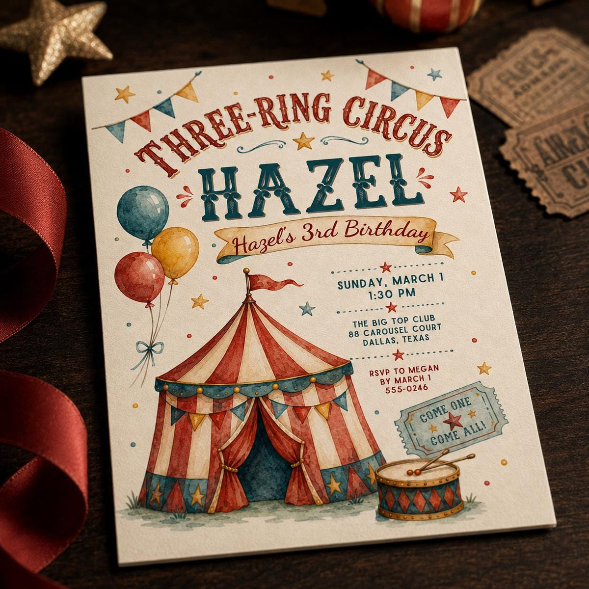 Vintage Circus 3rd Birthday Invitation — print-ready 3rd birthday party design from VoltBy