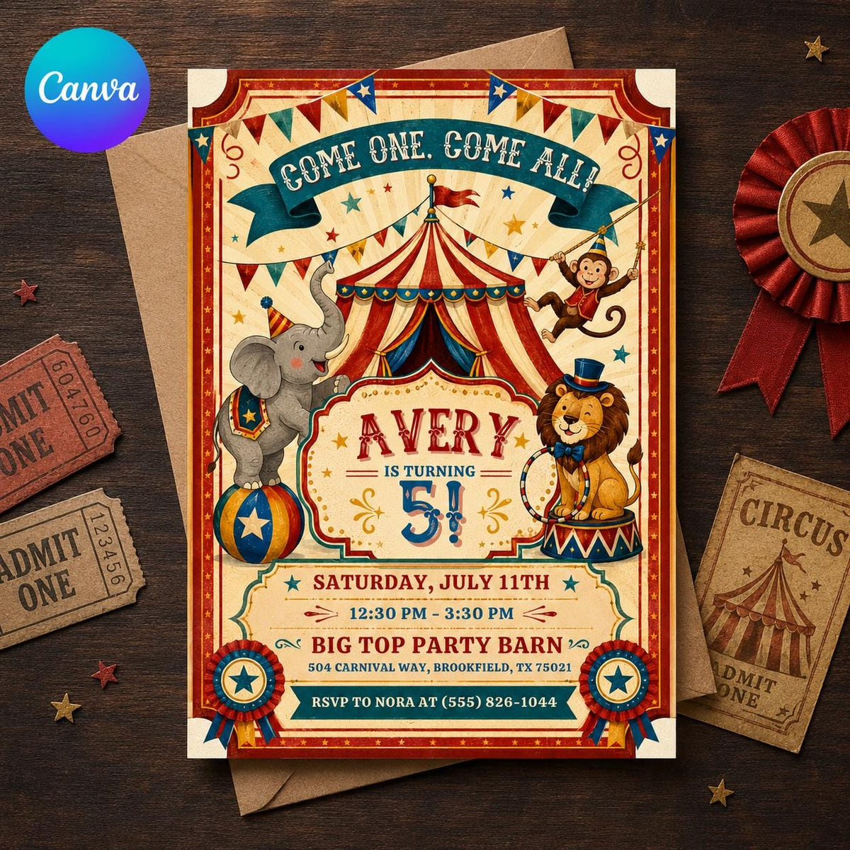 Vintage Circus 5th Birthday Invitation — editable Canva template