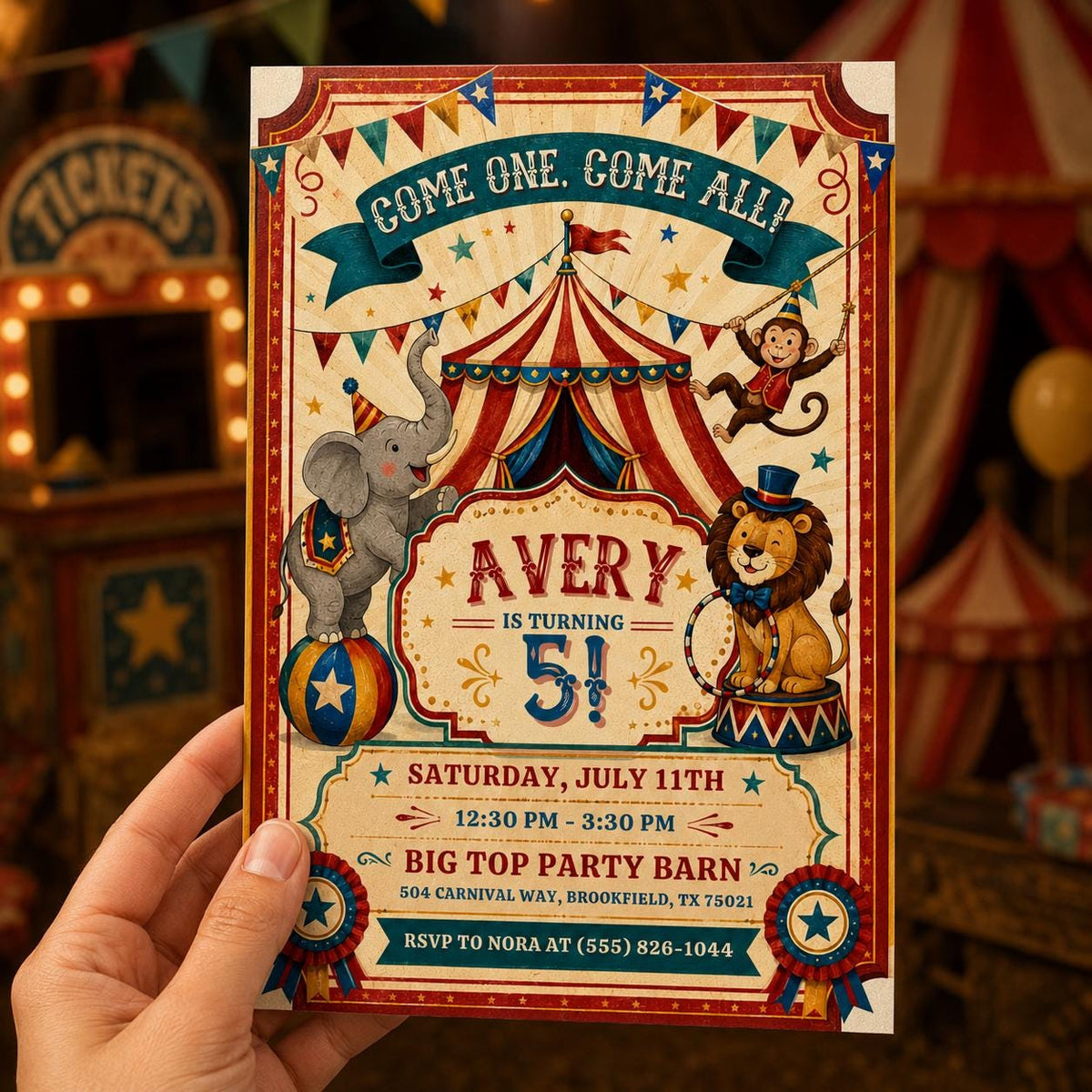 Vintage Circus 5th Birthday Invitation — carnival design