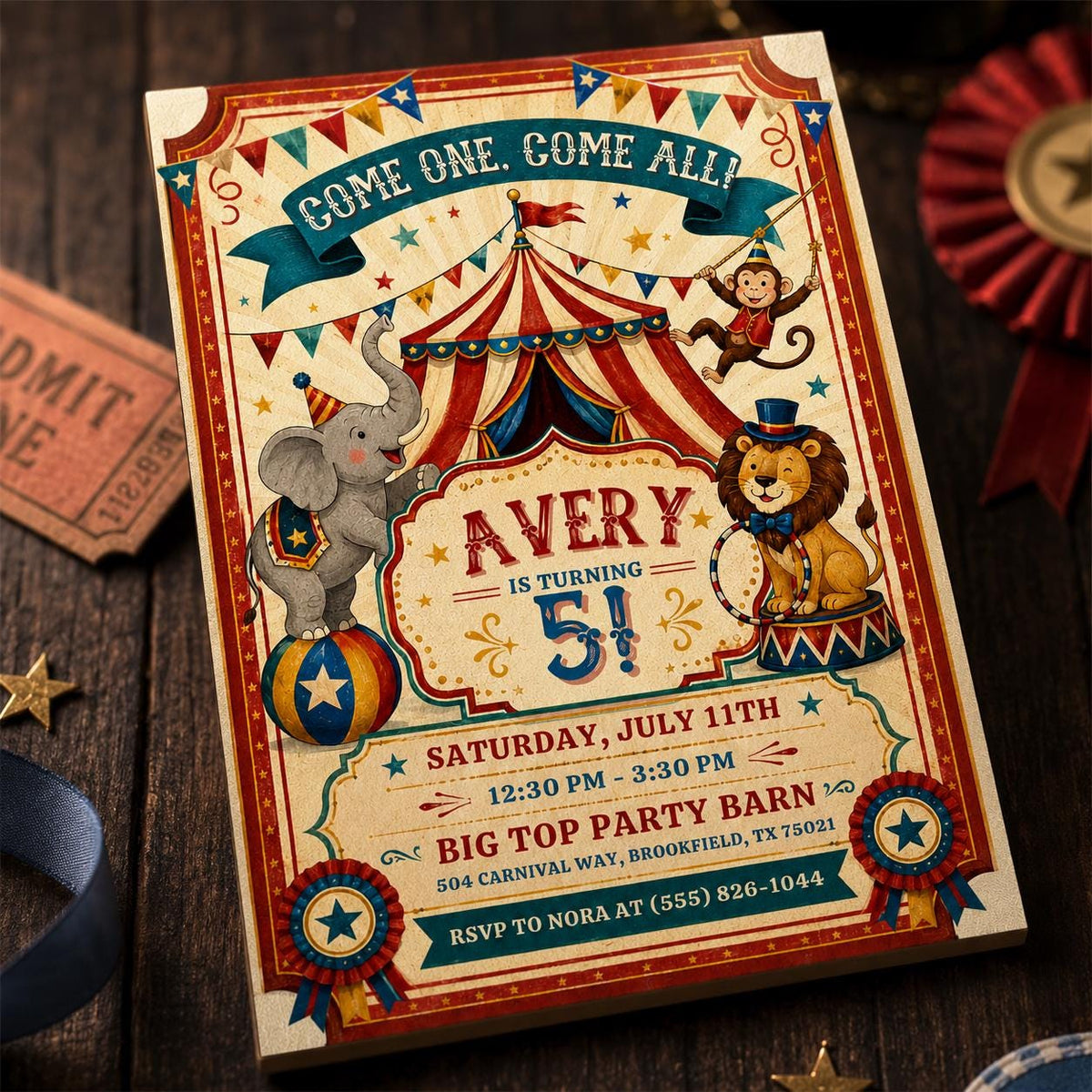 Vintage Circus 5th Birthday Invitation — print-ready 5th birthday party design from VoltBy