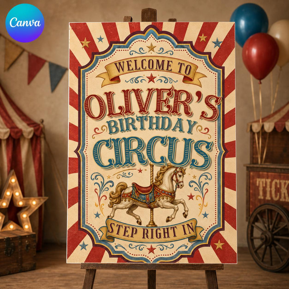 Vintage Circus Birthday Welcome Sign — editable Canva template